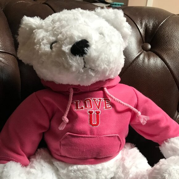 Tom's Toy International LTD 18 " tall white bear with pink sweatshirt. - Picture 2 of 8